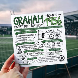 70e carte d'anniversaire personnalisée du football | Né en 1956 : infos sur le foot | Carte de football pour lui | Carte pour grand-père, mari, frère, père, oncle