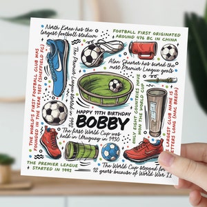 Carte d'anniversaire de 11 ans | Carte d'informations sur le football pour fils, petit-fils, neveu, filleul, petit garçon | Cadeau de football pour enfants | Carte 11e anniversaire