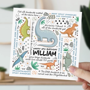 carte d'anniversaire de 8 ans | Fiche d'informations sur les dinosaures pour fils, petit-fils, neveu, filleul, petit garçon | Cadeau pour amoureux des dinosaures pour enfants | Carte 8e anniversaire