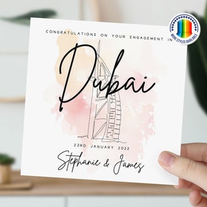 carte personnalisée de fiançailles de Dubaï | Cadeau pour couple | Fiancée à Dubaï | Félicitations pour votre carte de fiançailles | Aquarelle de Dubaï