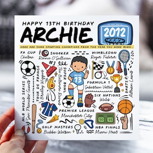 Carte d'anniversaire personnalisée pour garçon | Carte d'infos sportives pour fils, neveu, frère, petit-fils | Carte pour enfants de 13 ans | Carte d'anecdotes