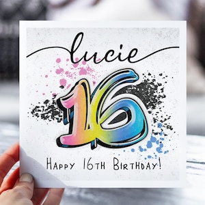 16e carte d'anniversaire personnalisée avec graffiti | 16e anniversaire fille, garçon | carte postale pour 16 ans | Carte pour fille, fils, petit-fils, petite-fille