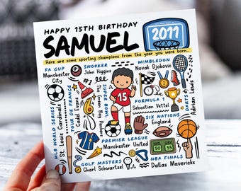 Personalised 15th Birthday Card For Boy | Sport Facts Card For Son, Nephew, Brother, Grandson | Football, Golf, Darts Facts | Born in 2011