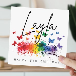 Carte personnalisée papillon arc-en-ciel de 5 ans | Carte de 5e anniversaire avec nom | Carte de voeux pour fille, petite-fille, nièce, fille