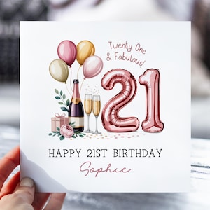 Carte 21e anniversaire pour elle | Vingt et un, carte fabuleuse | Champagne et ballons | Joyeux 21 ans à sa fille, sa soeur, sa nièce et sa petite-fille