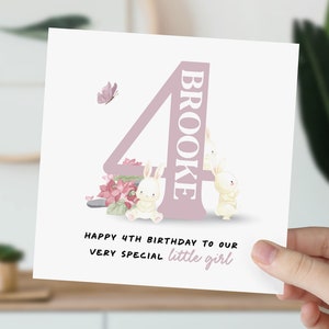 Carte d'anniversaire pour petite fille, fille, nièce, petite-fille | Lapin mignon en fleurs | Carte de 4 ans personnalisée pour elle