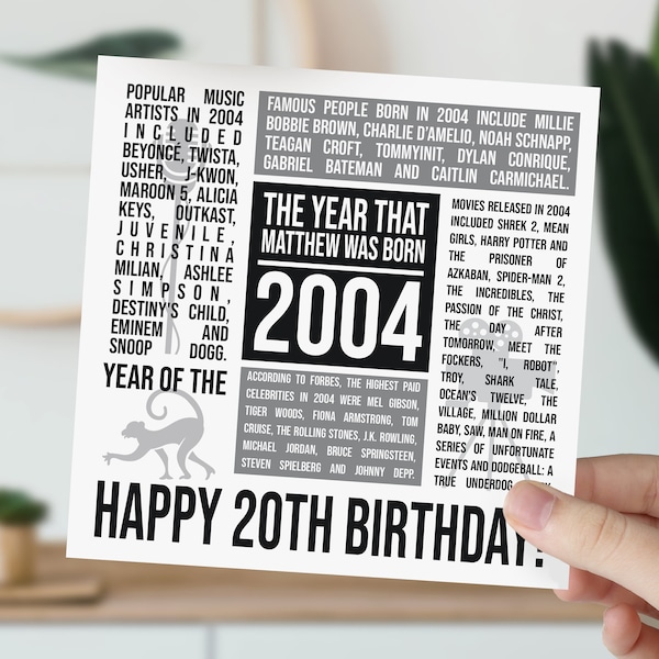 Personalised 20th Birthday Card | Born in 2004 | Card For 20 Year Old Son, Brother, Nephew, Grandson | Birthday Card For Him | 2004 Facts
