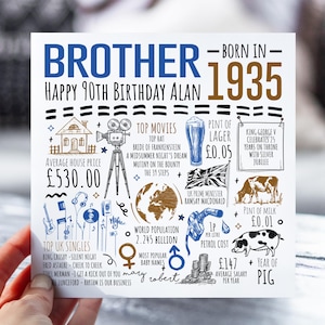 90e anniversaire pour frère | Né en 1935 Fiche d'information pour frère, frère | 90e frère | Carte de 90 ans pour lui | 90e cadeau pour frère