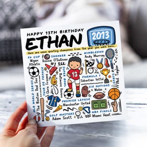 Carte d'anniversaire personnalisée pour garçon | Carte d'infos sportives pour fils, neveu, frère, petit-fils | Infos sur le football, le golf et les fléchettes | Né en 2013