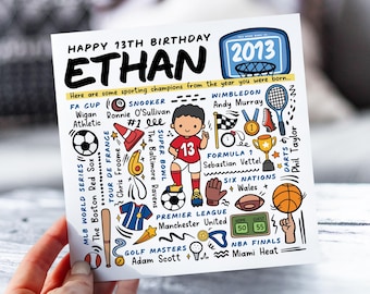 Personalised 13th Birthday Card For Boy | Sport Facts Card For Son, Nephew, Brother, Grandson | Football, Golf, Darts Facts | Born in 2013