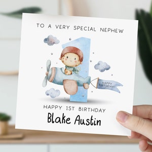 Carte 1er anniversaire pour fils, petit-fils, neveu, frère | Carte de premier anniversaire pour bébé garçon | Carte personnalisée 1er, 2e, 3e avion girafe