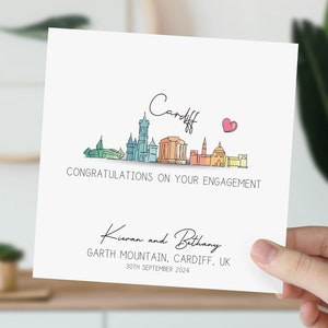 Carte de fiançailles de Cardiff | Engagé dans la ligne d'horizon du Royaume-Uni | Félicitations pour vos fiançailles | Cadeau pour couple | Carte de mariage aquarelle Pays de Galles