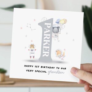 Carte 1er anniversaire pour petit garçon, fils, neveu, petit-fils, filleul | Carte mignonne d'astronaute | Carte personnalisée animal d'un an pour enfant, lui