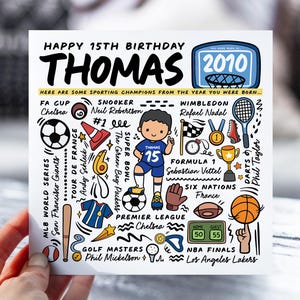 d'anniversaire personnalisée pour garçon | Carte d'infos sportives pour fils, neveu, frère, petit-fils | Carte pour enfants de 15 ans | Carte d'anecdotes
