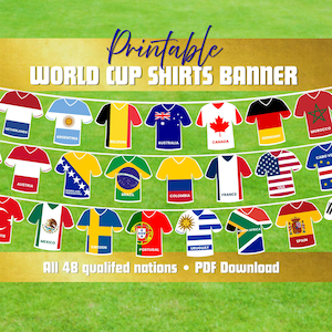 May include: A printable banner featuring rows of miniature soccer jerseys representing various national flags, including Netherlands, Argentina, Belgium, Australia, Canada, Germany, Morocco, Austria, Bosnia, Brazil, Colombia, France, USA, Cabo Verde, Turkey, Mexico, Sweden, Portugal, Uruguay, South Africa, and Spain.