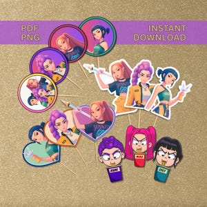 Plantilla imprimible de decoración para fiesta de cazadores de demonios de K-Pop, adornos y púas para cupcakes de Huntrix (descarga en PDF y PNG)