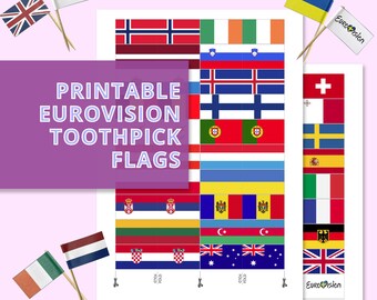 Banderas con palillos de dientes y adornos para cupcakes de Eurovisión 2024 imprimibles