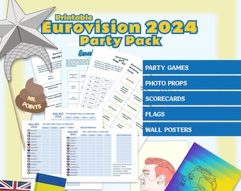 Complete Eurovision 2024 Party Pack with Printable Games, Flags, Photo Props, Scorecards and Wall Art