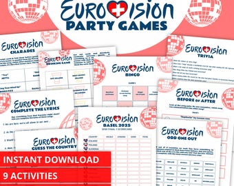 Paquete de juegos para fiesta de Eurovisión: paquete de noche de juegos imprimible con 9 actividades diferentes que incluyen tarjetas de puntuación, bingo, trivia y mucho más.