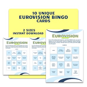 Feuilles de bingo Eurovision - 10 cartes de joueur uniques - jeu de société imprimable pour le concours de l'eurovision de la chanson - téléchargement numérique instantané