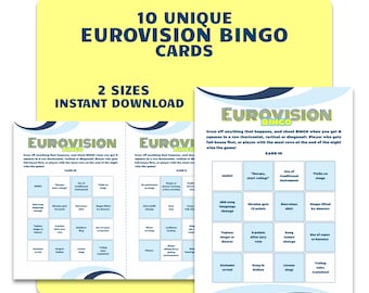Feuilles de bingo Eurovision 2024 - 10 cartes de joueur uniques - jeu de société imprimable pour le concours de l'eurovision de la chanson - téléchargement numérique instantané