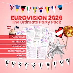 ユーロビジョン2026パーティーグッズセット：印刷可能なゲーム、旗、ガーランド、写真撮影用小道具、スコアカード（PDFダウンロード）