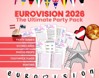 Eurovision 2026 Party Bundle: Printable Games, Flags, Bunting, Photo Props and Scorecards (PDF Download)
