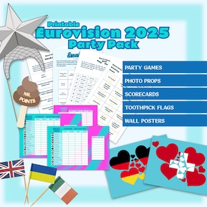 Compleet Eurovisie 2025-feestpakket met printbare games, vlaggen, fotorekwisieten, scorekaarten en kunst aan de muur