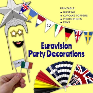 Puede incluir: Decoraciones de fiesta de Eurovisión imprimibles que incluyen banderines, adornos para cupcakes, accesorios para fotos y abanicos. Las decoraciones presentan banderas de varios países europeos, incluidos el Reino Unido, Alemania, Italia e Irlanda.