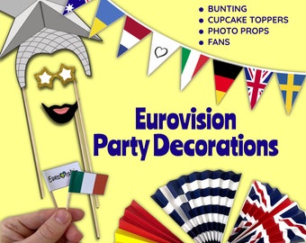 Printable Eurovision Party Decorations Bundle - Flag Bunting, Cupcake Toppers, Photo Props and Flag Fans