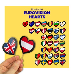 2026 Eurovision Hearts Toothpick Flags, Printable Eurovision Party Decoration