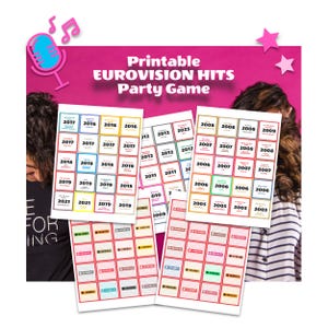 Party Game imprimable Eurovision Hits | 100 cartes de chansons emblématiques avec code Spotify - Scannez, écoutez et créez votre timeline | Inspiré par Hitster
