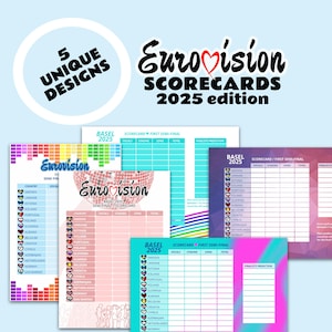 EuroVision 2025 Scorecards & Prediction Sheets Bundle mit 5 Einzigartigen Designs zur Verbesserung Ihrer Watch Party Erfahrung - Sofortiger Download