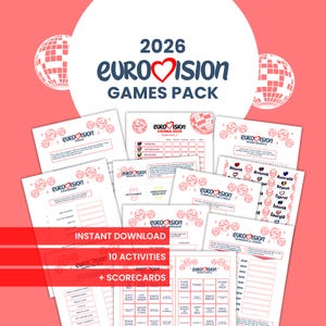 Paquete de juegos para fiestas de Eurovisión 2026: Bingo, sorteos, trivia, juego de beber y más (PDF imprimible)