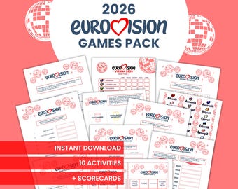 Paquete de juegos para fiestas de Eurovisión 2026: Bingo, sorteos, trivia, juego de beber y más (PDF imprimible)