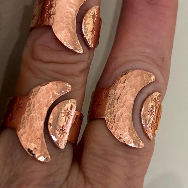Heavy raw recycled moon  & star ring boho rustic wide band