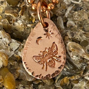 Small recycled copper stamped bee star and moon charm rustic bee lover gift