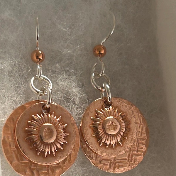 Handmade Recycled Copper Sunflower Earrings Boho flower lover spring summer Jewelry