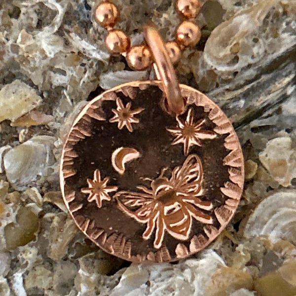 Recycled Copper Bee Pendant: Hand-Stamped Stars, Moon Charm – Nature Jewelry