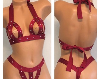 EXOTIC DANCEWEAR - Red  Cage Style  2 piece