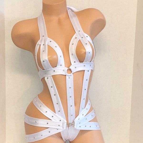 EXOTIC DANCEWEAR White One Piece  Cage