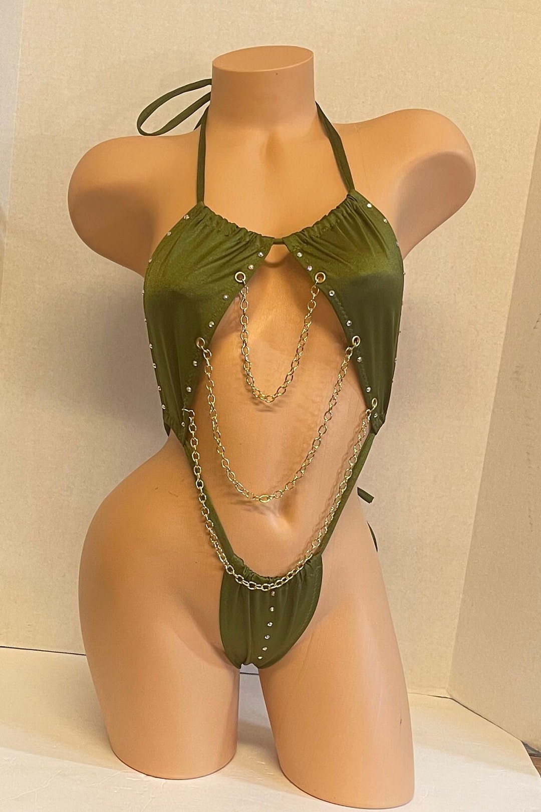 Exotic Dancewear- Check out this Sexy Olive Green Two Piece flip Top Slingshot Micro!