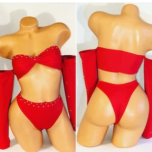 EXOTIC DANCEWEAR- Red long sleeveCrop-top with matching high waisted Thons