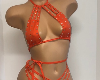 Ropa de baile exótica: conjunto de tanga naranja de dos piezas