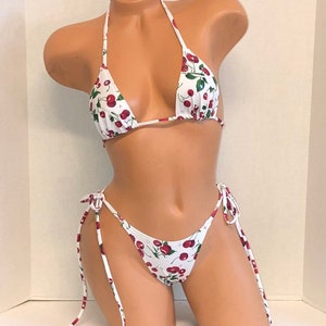 Cherry Print High Leg String Bikini Set 