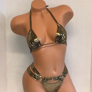 EXOTIC DANCEWEAR Black Gold Metallic 2pc cage style
