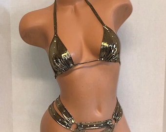 EXOTIC DANCEWEAR Black Gold Metallic 2pc cage style