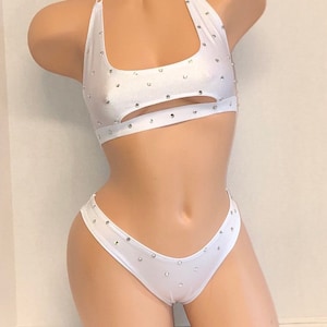 EXOTIC DANCEWEAR- White halter top 2pc with matching bottoms.