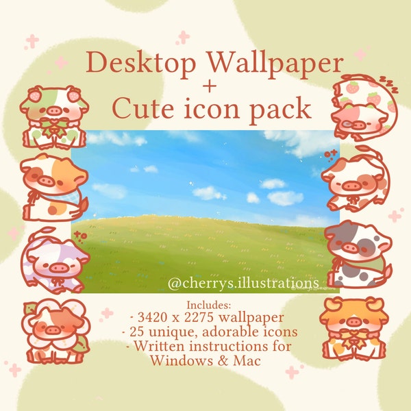 Cute aesthetic cows desktop laptop icons + wallpaper pack