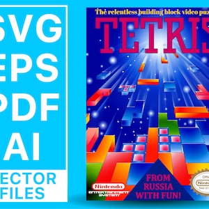 May include: A retro video game box cover for Tetris, featuring a blue background with colorful falling blocks and the text "The relentless building block video puzzle. TETRIS". The bottom of the box has the text "FROM RUSSIA WITH FUN!" and a Nintendo Entertainment System logo.